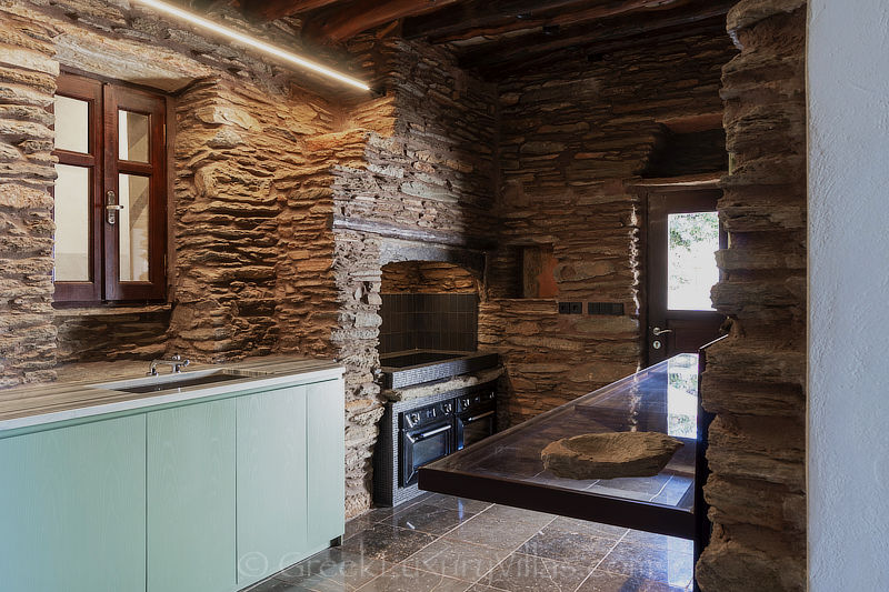 Andros traditional stone villa guest house kitchen