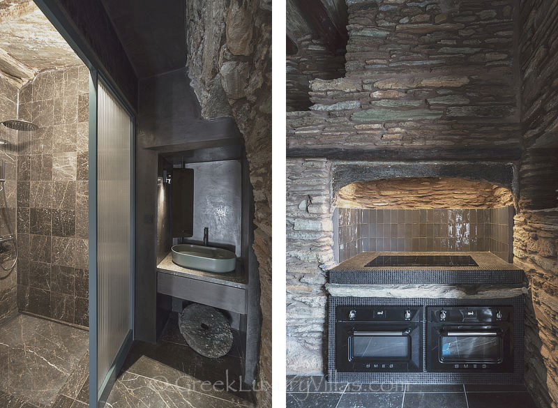 Andros stone villa guest house kitchen and bathroom