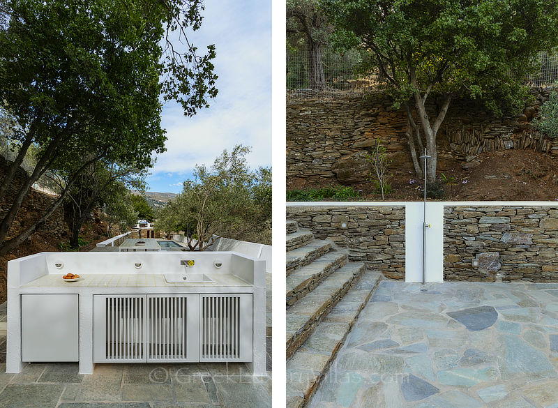 outdoor kitchen of traditional stone villa court yard in Andros