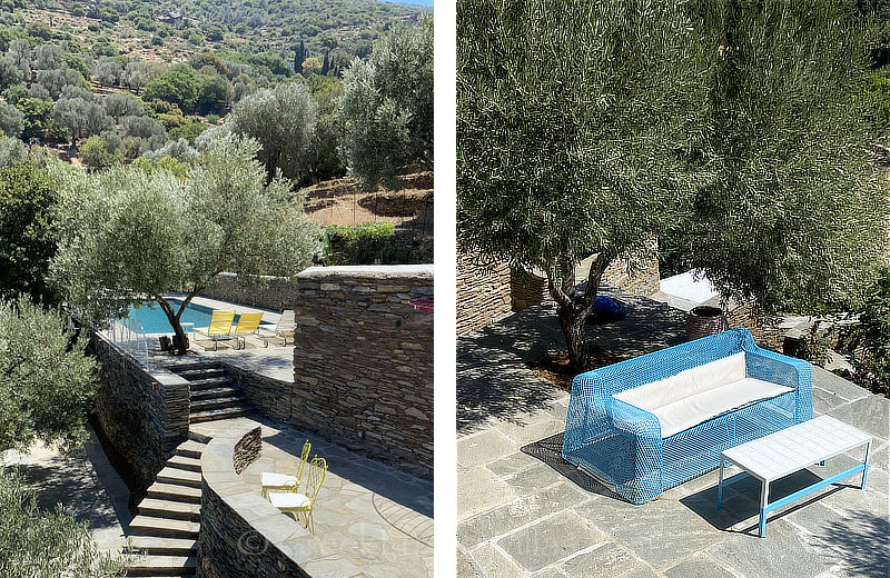 court yard details of traditional stone villa on Andros
