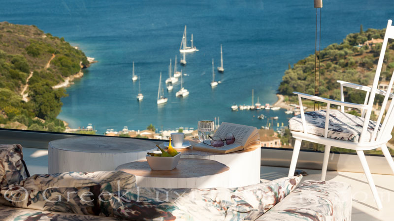 Luxury villa in Corfu with an outdoor lounge with seaview
