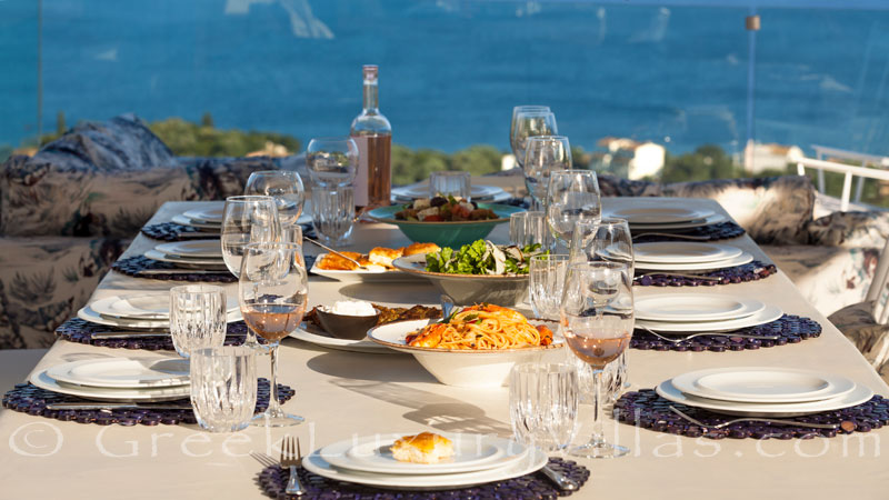 A private chef has prepared a meal which you can enjoy at the luxury villa in Corfu dining with seaview