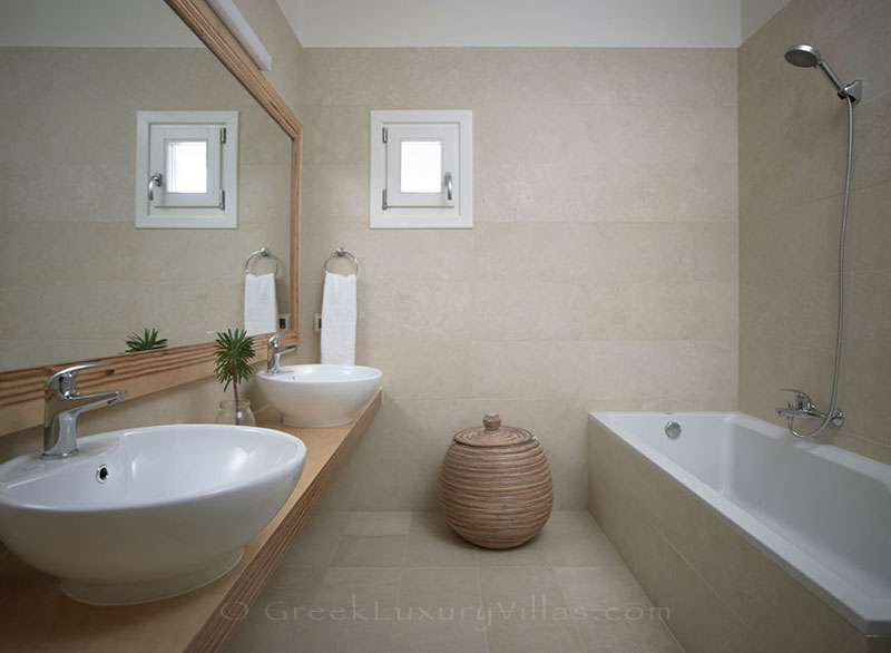 A bathroom of a luxury villa with a pool in Elounda, Crete