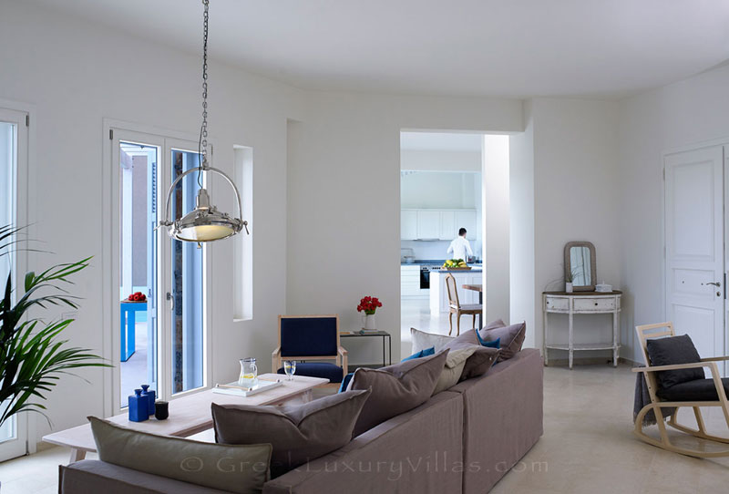 The living-room of a luxury villa with a pool in Elounda, Crete