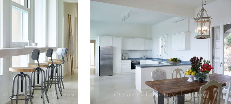 Open plan kitchen in a luxury villa with a pool in Elounda, Crete