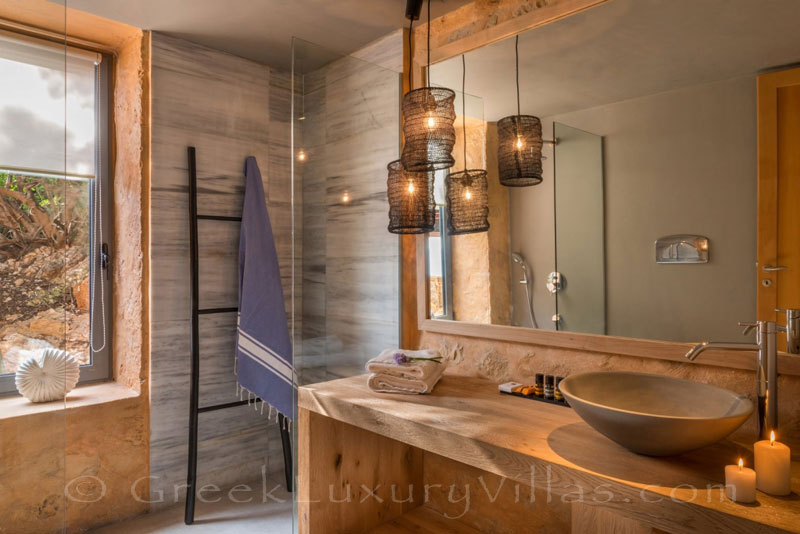 Bathroom of seafront villa with pool in Crete