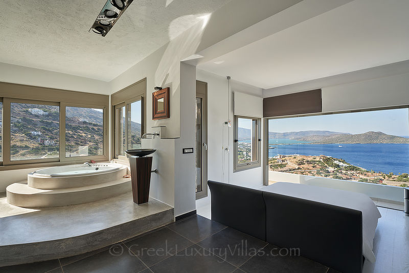 spacious bathroom of master bedroom in modern luxury villa with pool elounda Crete
