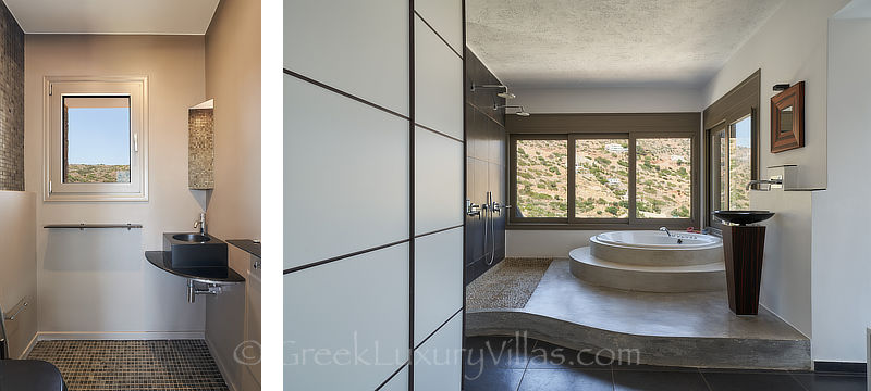 exclusive bathroom with jacuzzi and walk in showers of luxurious villa in elounda