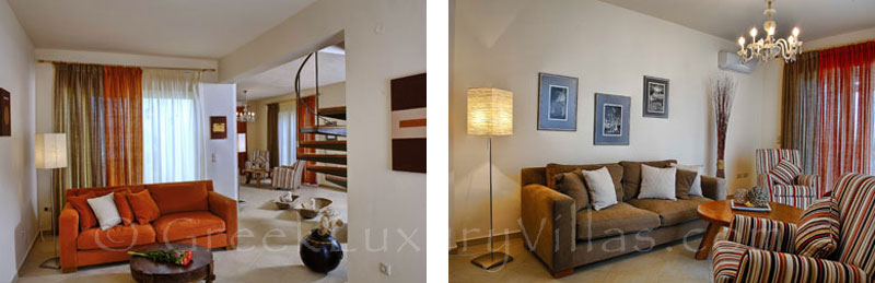 Living-rooms of modern villas with sea access and pool in Crete