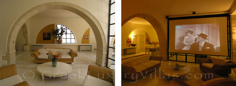 The cinema area of an exclusive historic villa in a traditional village of Crete