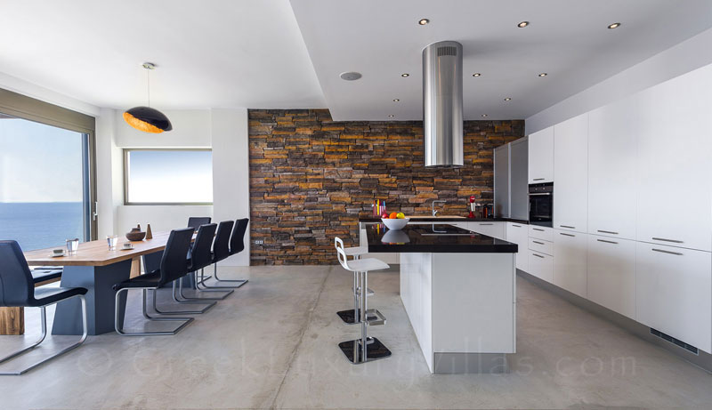 Kitchen of the modern, seafront luxury villa