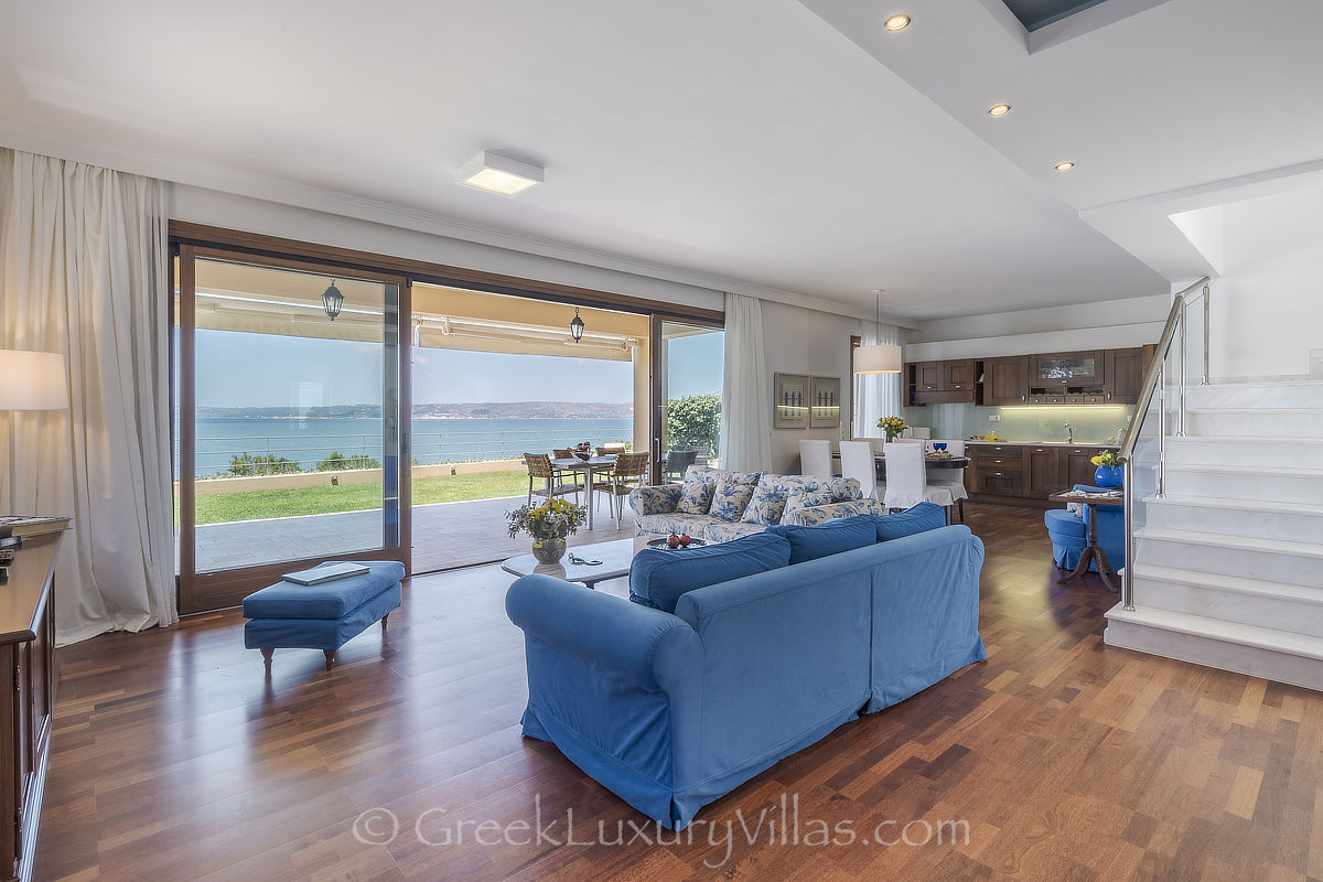 sea view from lounge at traditional seafront villa with pool