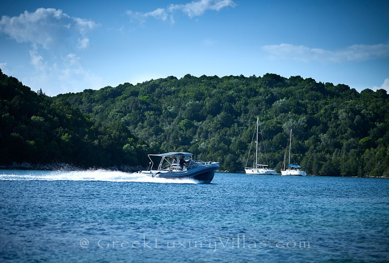 The speed-boat of the luxury villa with a heated pool in Sivota
