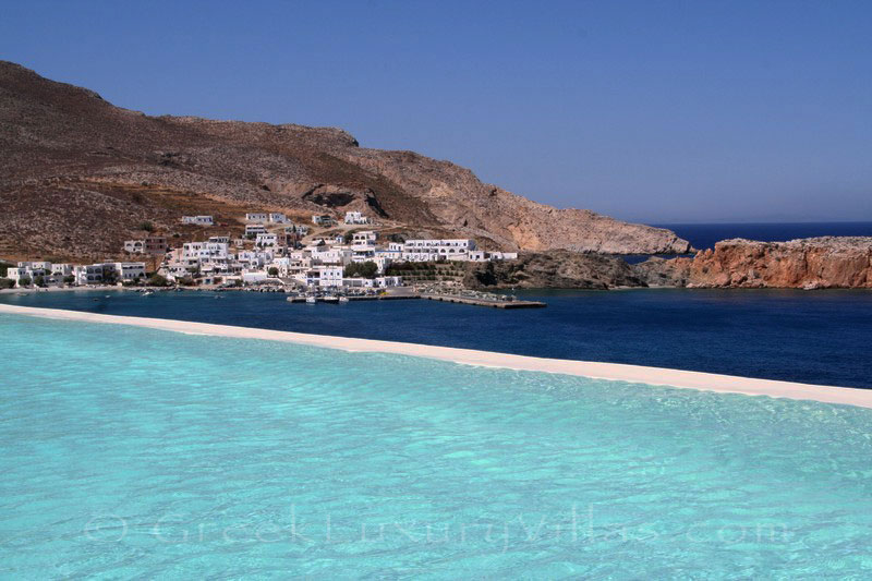 View of the port at sea front villas on Folegandros