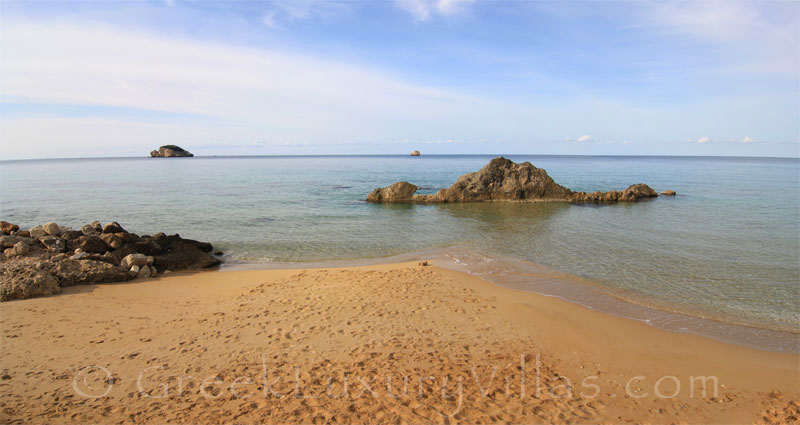 The beach next to the modern, two-bedroom villa in Kefalonia
