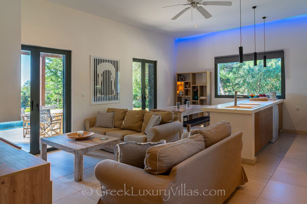 open plan living room kitchen of villa by the beach