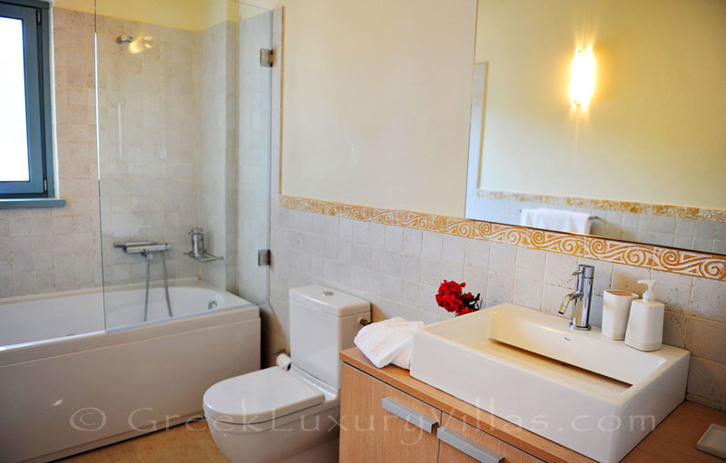 A bathroom in the luxury villa with a pool in Lefkas that sleeps six people