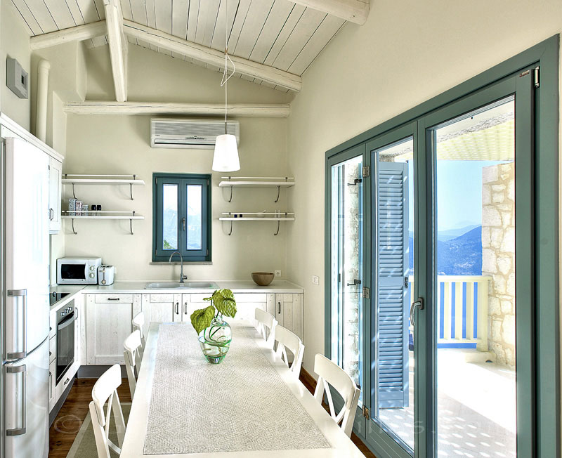 The kitchen of the luxury villa in Lefkas which sleeps six people and has great seaview and a pool