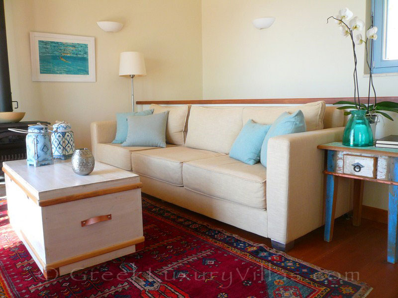 The living-room of the luxury villa in Lefkada which sleeps six people and has great seaview and a pool