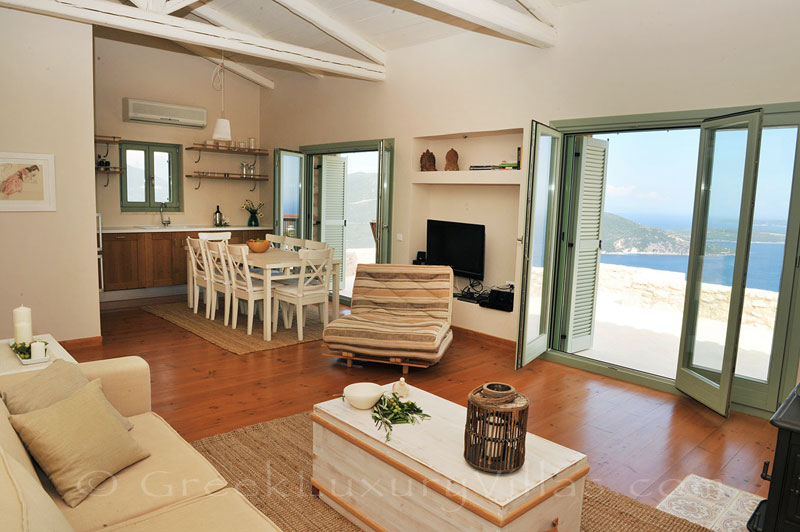 Open plan living-room in a luxurious villa with a pool in Lefkada