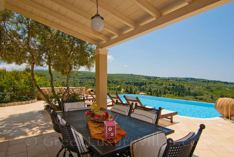 Outdoor dining with seaview from a luxurious villa in Lefkas