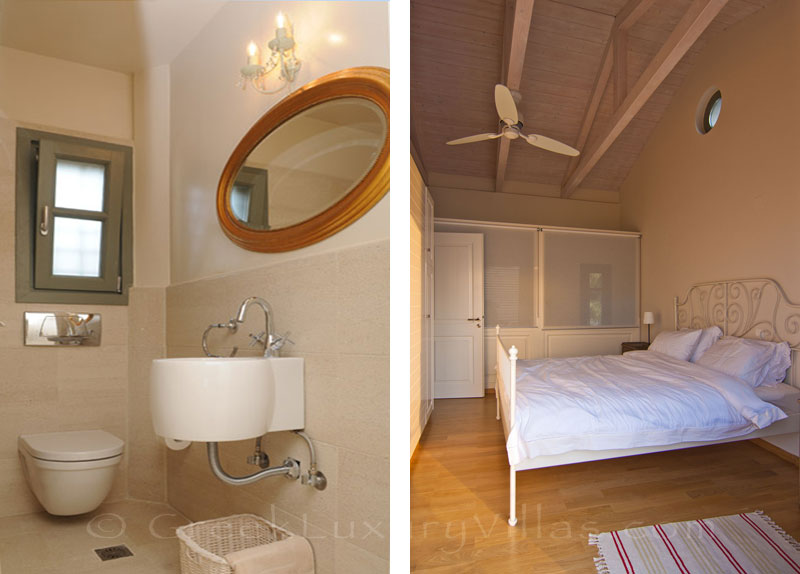 The bedroom of a villa with a pool in Lefkas