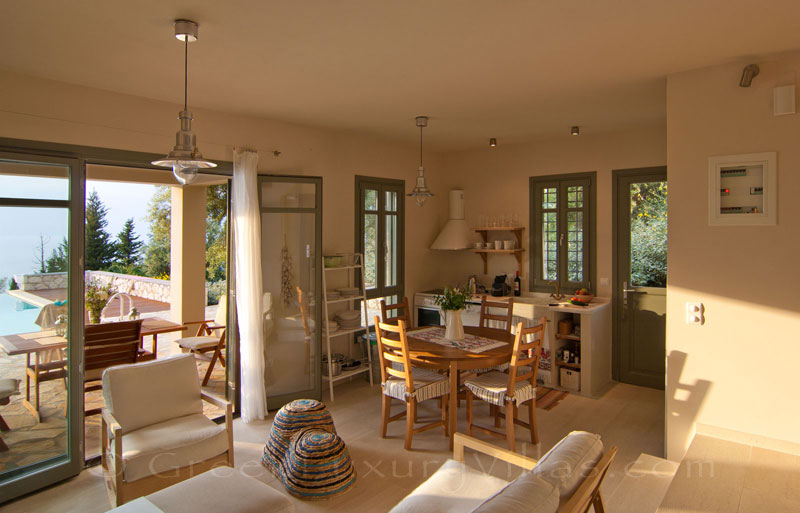 Open plan kitchen in a villa with a pool in Lefkas