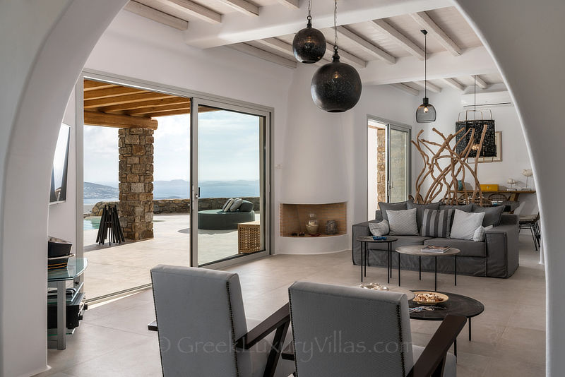 Indoor dining area of Mykonos Villa with pool