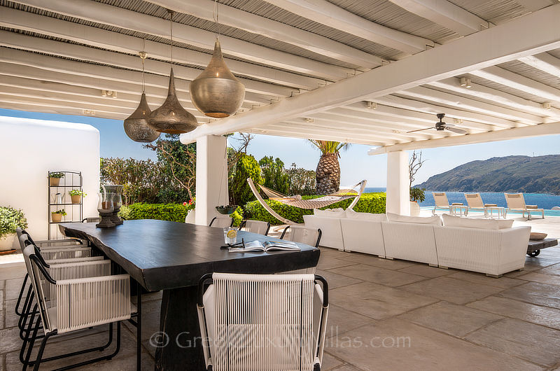 shaded outdoor dining area at luxury villa in Mykonos