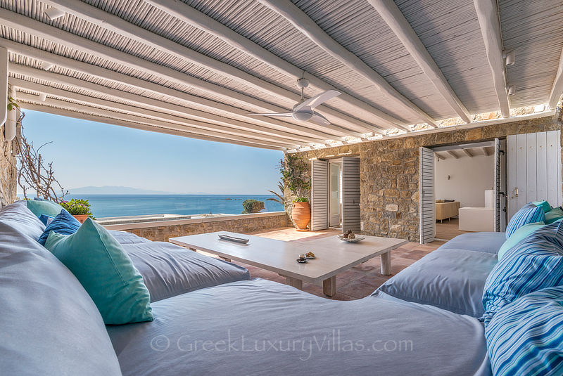 outdoor lounge with sea view luxury villa in Mykonos Kalo Livadi Beach