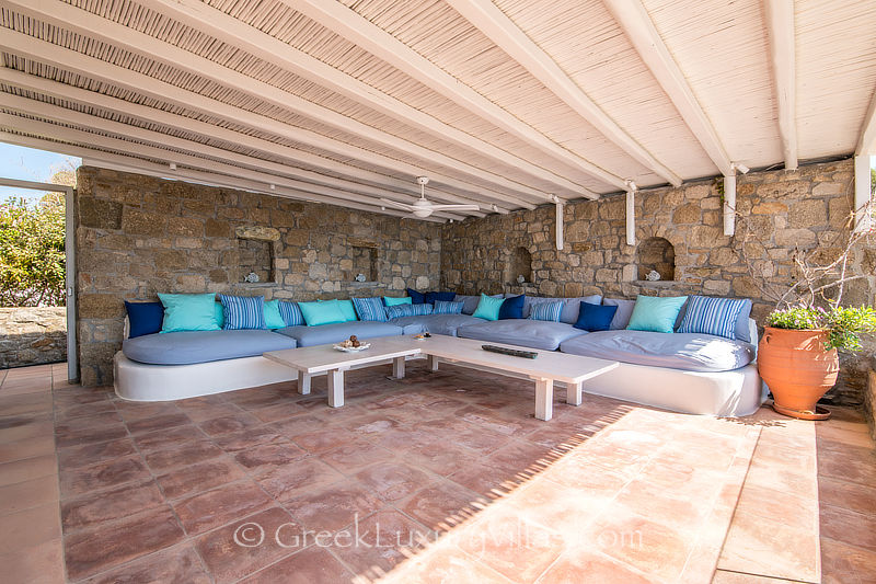 shaded outdoor lounge luxury villa in Mykonos Kalo Livadi Beach