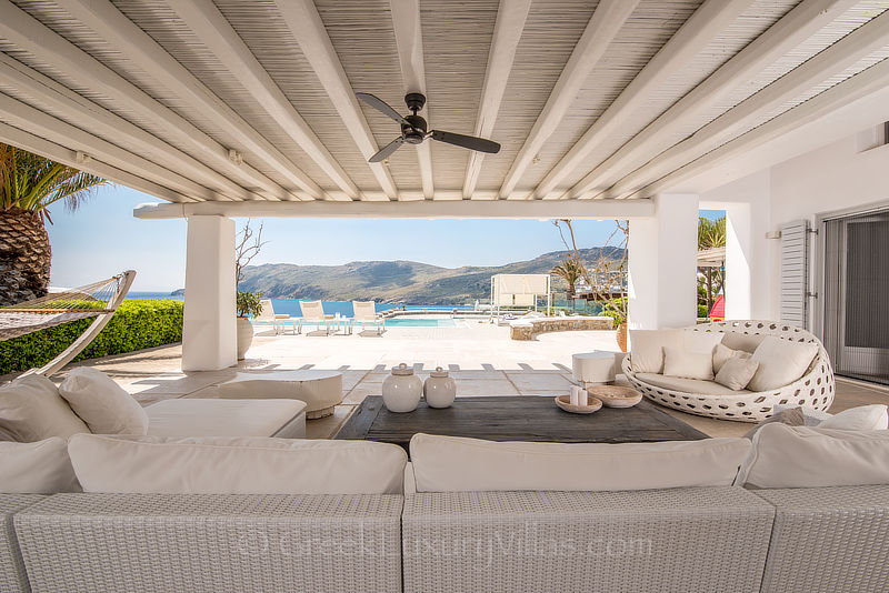 shaded open air lounge at luxury villa in Mykonos