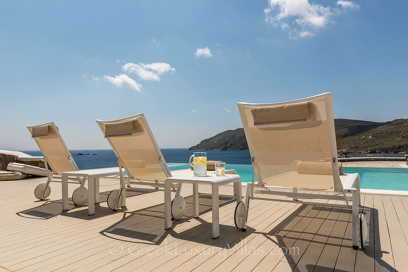 sun loungers of luxury villa in Mykonos Kalo Livadi Beach