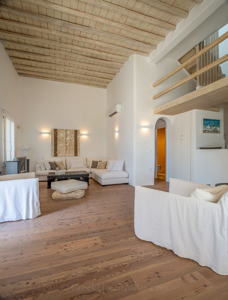 living room with mezzanine at luxury villa in Mykonos