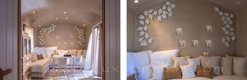 A romantic bedroom of a luxury villa with a pool in Naxos