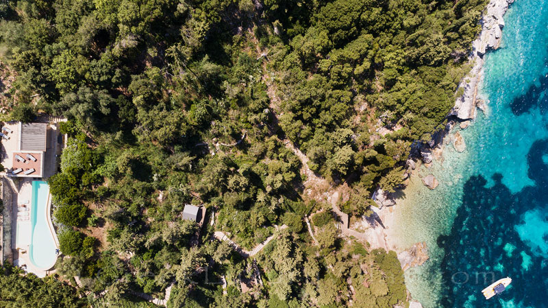 aerial photo beachfront villa Paxos