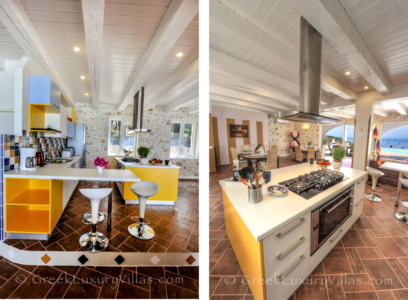 Open plan kitchen in a cheerfully decorated villa with a pool and seaview in Paxos