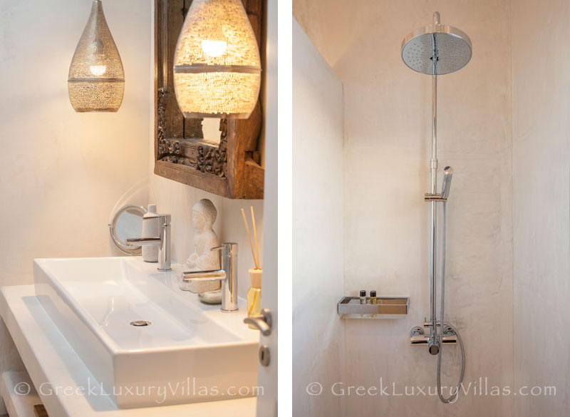 A bathroom in a luxury villa with a pool in Rhodes