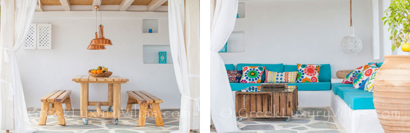 The outdoor lounge of a luxury villa with a pool in Rhodos