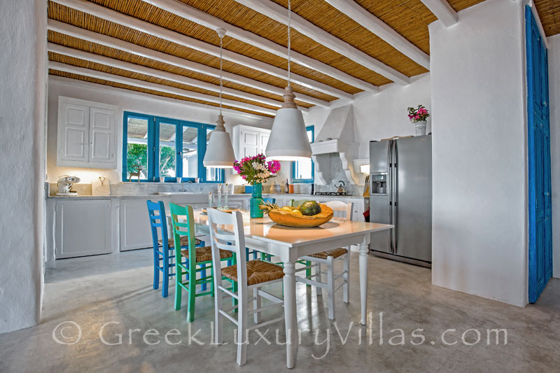 The kitchen in a luxury villa with a pool in Rhodes