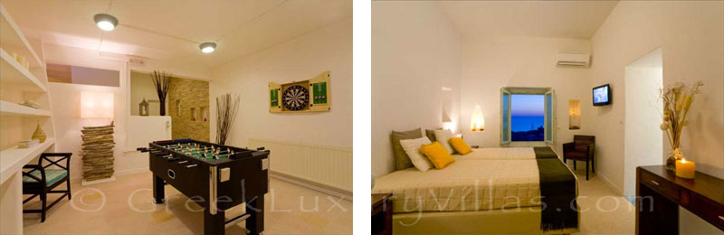 The playroom and a bedroom of hte Black Rock luxury villa in Santorini