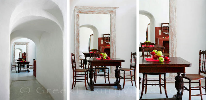 The dining room in a traditional village house with a pool in Santorini