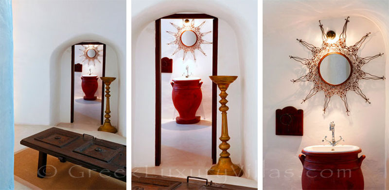 A detail in a traditional village house with a pool in Santorini
