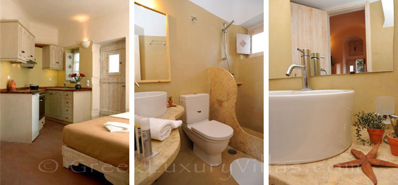A luxurious bedroom in the villa in Imerovigli, Santorini