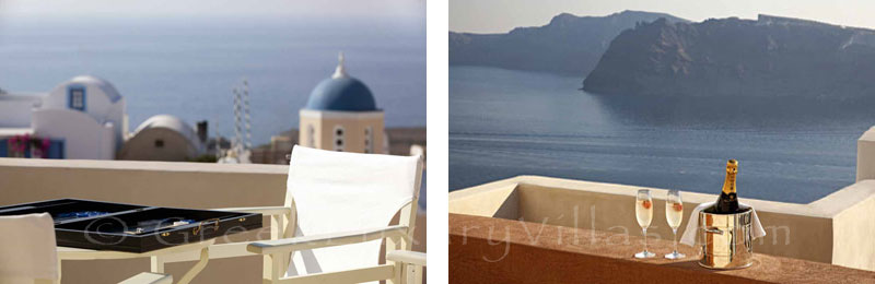 Sunset view from the terrace of a luxury villa in Oia, Santorini