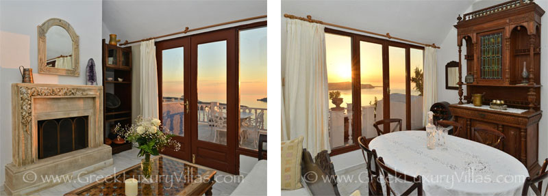 The kitchen and dining area of a large villa with a pool on the cliff in Santorini