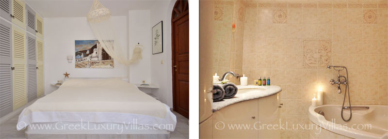 An en-suite bedroom of a large villa with a pool on the cliff of Santorini