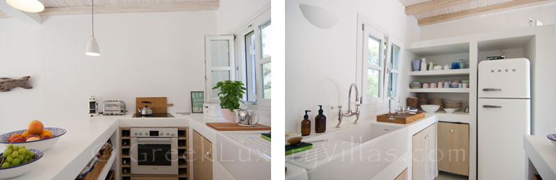 tidy open plan kitchen waterfront villa Skiathos
