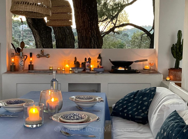outdoor kitchen of seafront villa on Skiathos