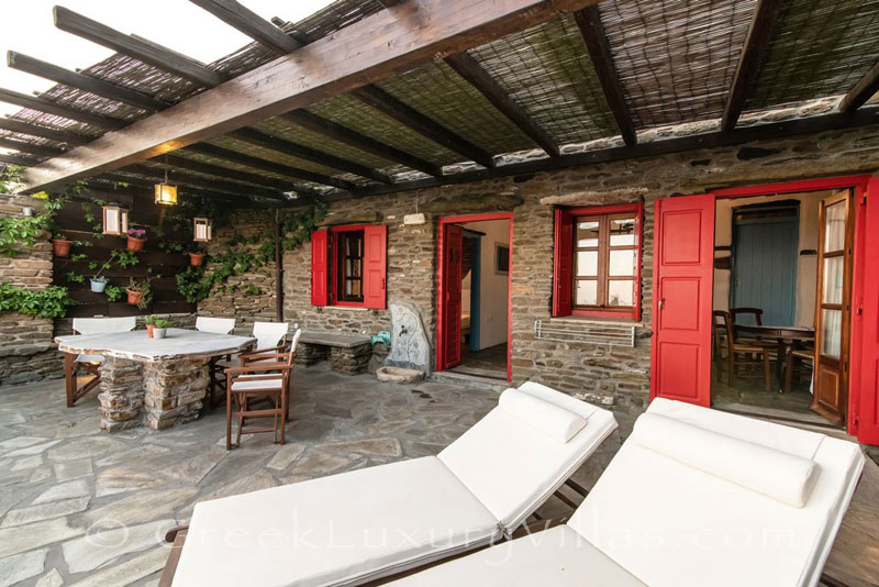 Tinos villa sunbeds large terrace